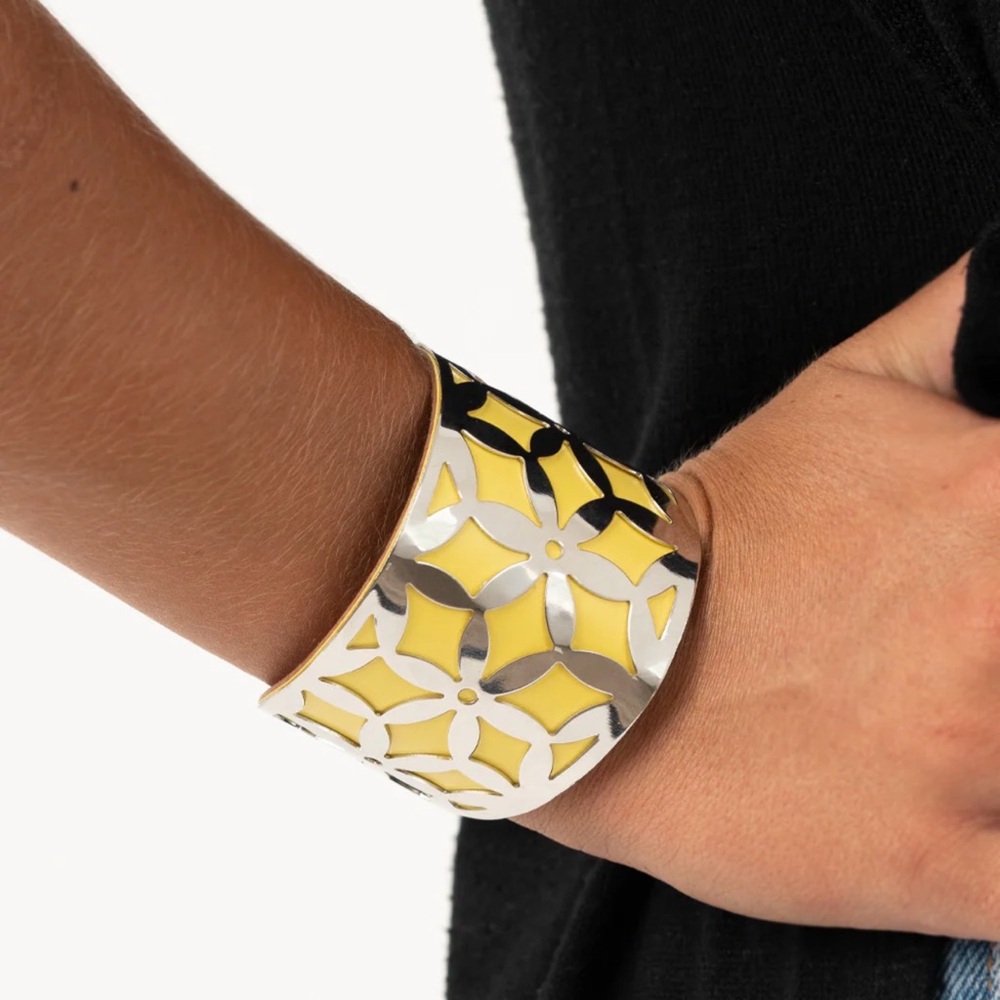 Yellow and Silver Floral Cutout Cuff Bracelet